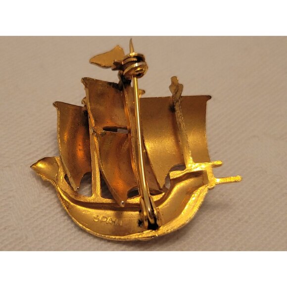 Vintage Gold Tone Ship Brooch Pin Damascene Toledoware Souvenir Jewelry Spain - Picture 4 of 4